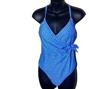 Jessica Simpson blue white polka dot one piece cross back strap bathing suit NWT